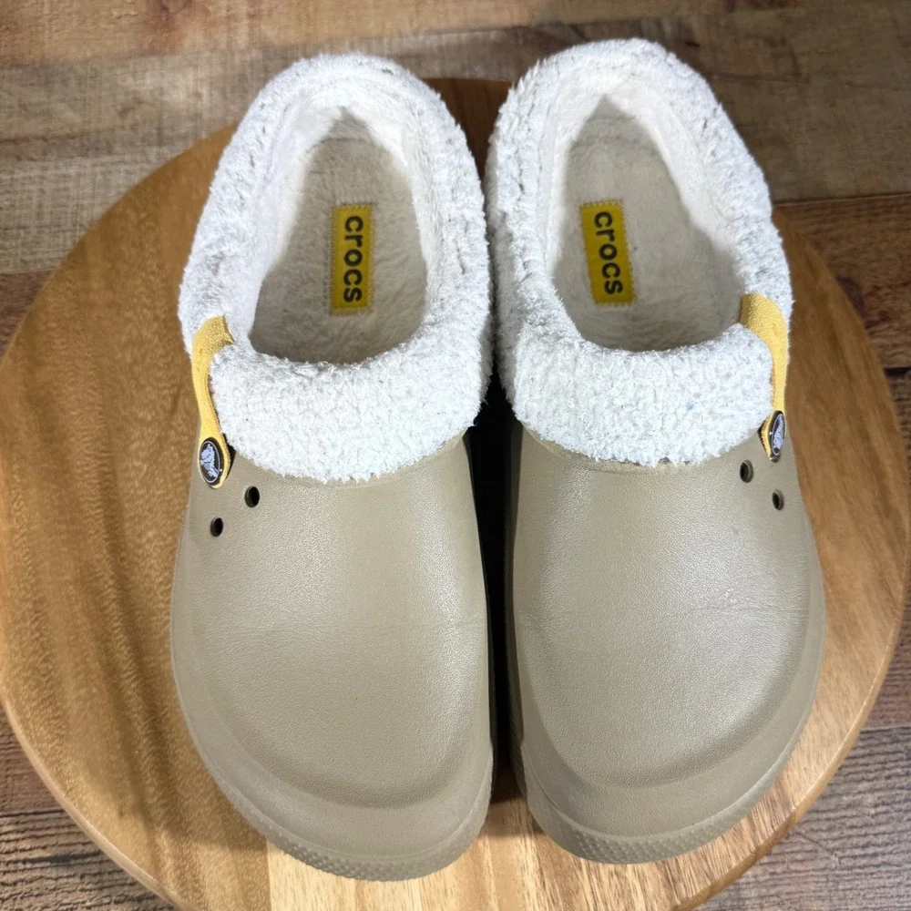 Crocs Clogs Men 10 Womens 12 Tan Shorty Clog Lined Faux Fur Sherpa Slip On Mules